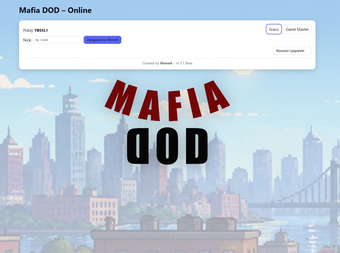 Widok aplikacji Mafia Online zintegrowanej z Discordem